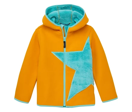La veste polaire douillette JAKO-O, safran est une veste polaire à capuche avec une étoile bleu clair sur le devant.