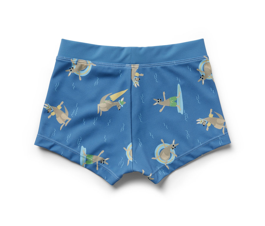 Un maillot de bain bleu pour enfants avec un imprimé de kangourous.