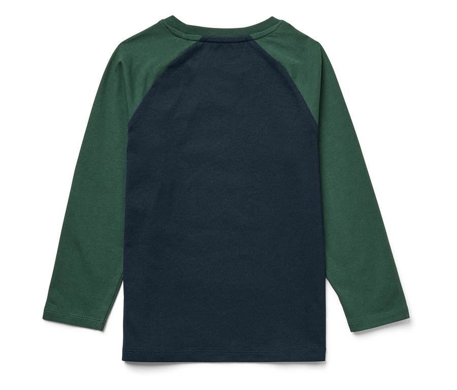 Dos d'un t-shirt à manches longues bleu-vert.