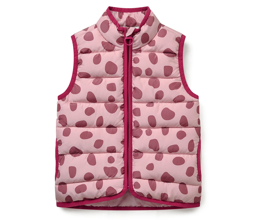 Veste sans manches matelassée rose à pois bordeaux et bordure bordeaux.