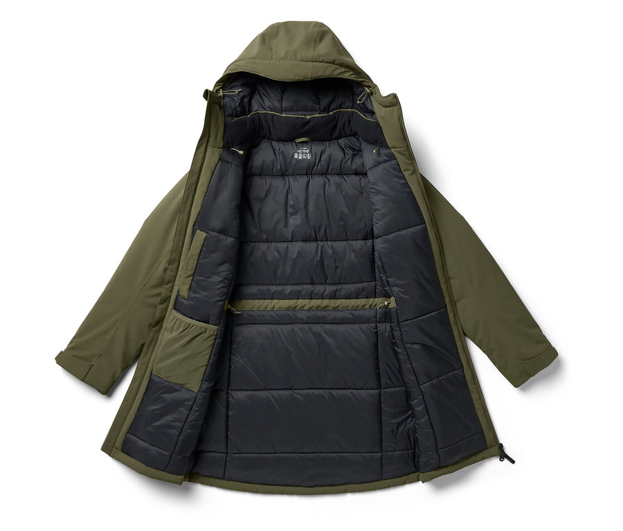 Veste d'hiver verte avec capuche et doublure matelassée noire, ouverte et montrée de l'intérieur.