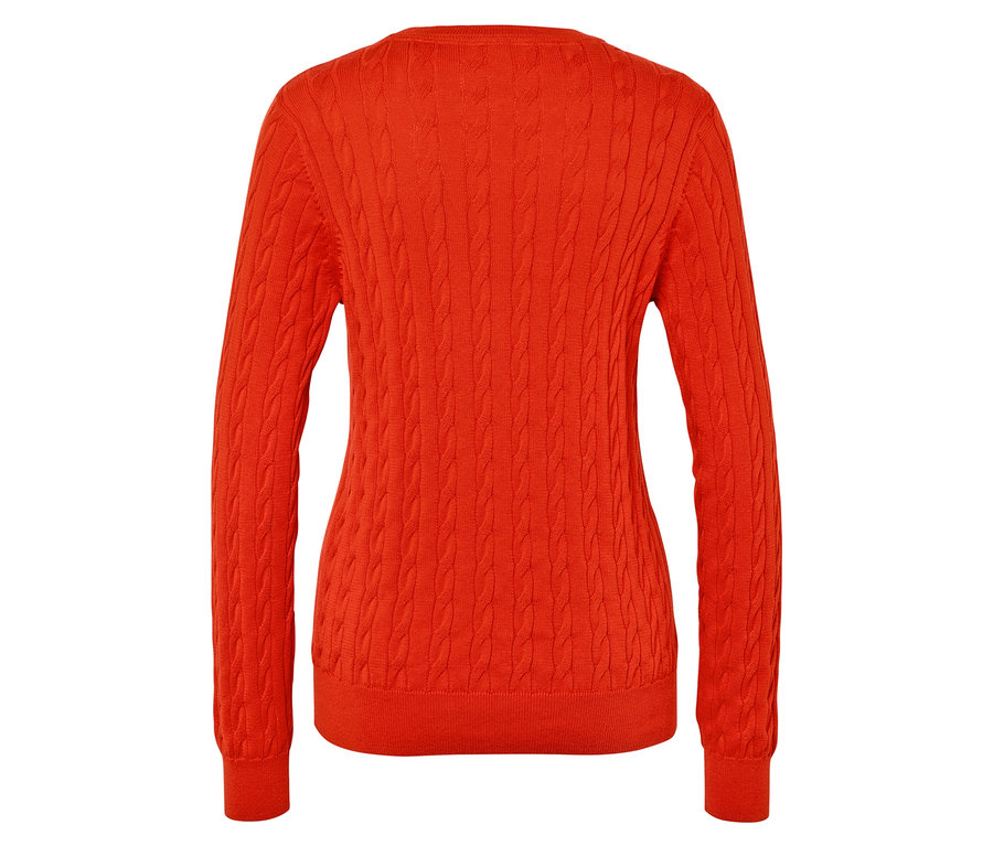 Vue arrière d'un pull en tricot orange à manches longues.