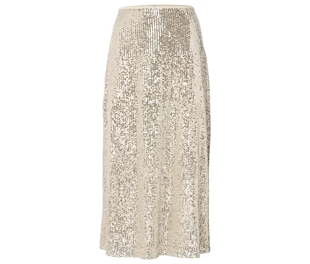 Une jupe beige à paillettes avec une ligne trapèze.