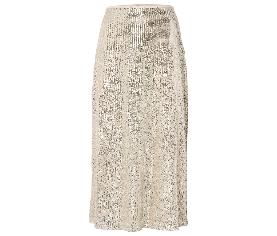 Une jupe beige à paillettes avec une ligne trapèze.