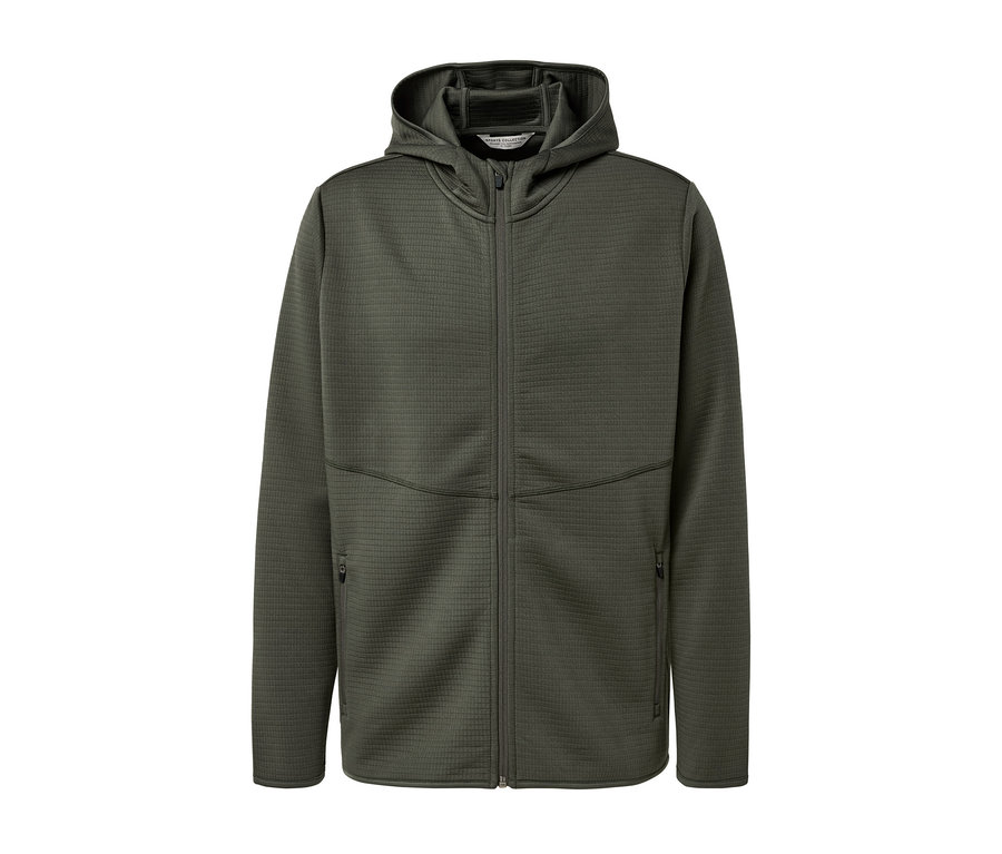 Veste fonctionnelle kaki avec fermeture éclair et capuche.