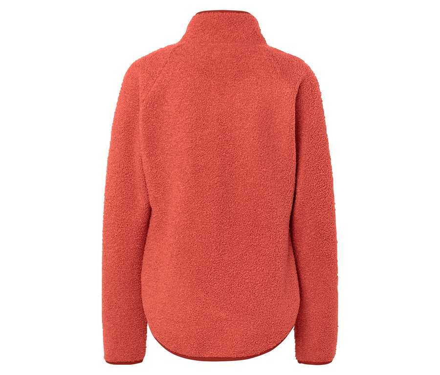 Vue détaillée de l'arrière d'une veste en polaire corail à manches longues et col montant.