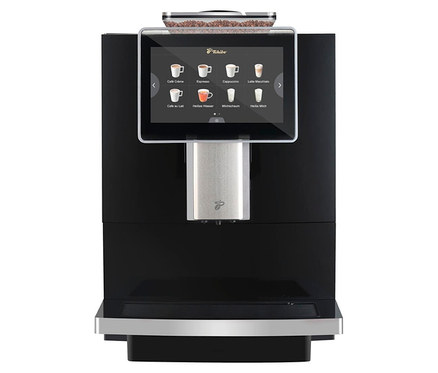 Une machine à café noire avec écran tactile et réservoir à grains.