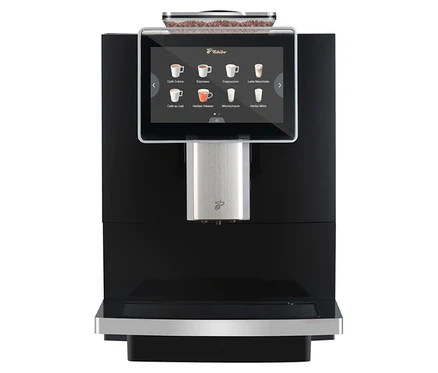 Une machine à café noire avec écran tactile et réservoir à grains.