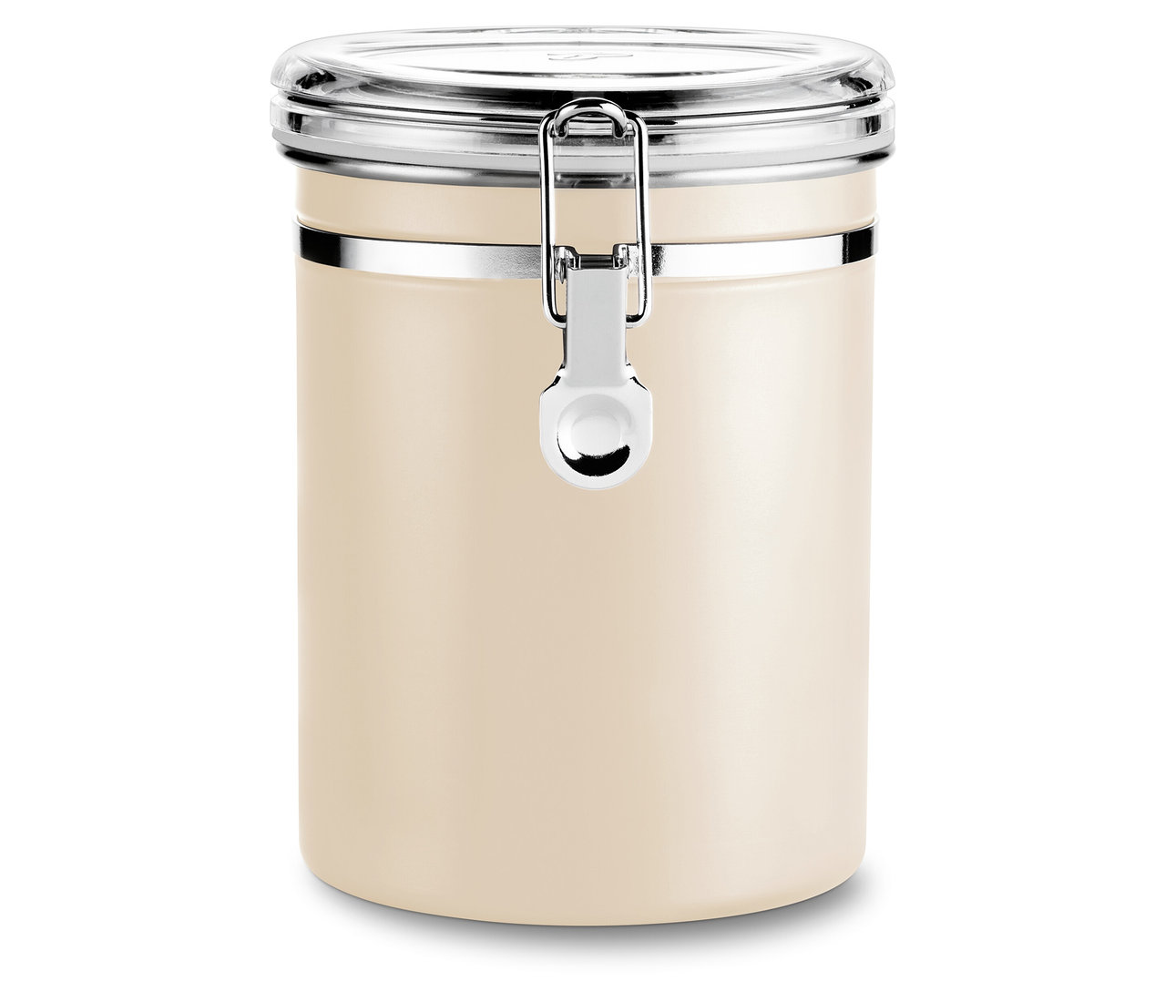 Une boîte à arômes beige tendre avec un couvercle argenté se trouve sur un fond blanc.