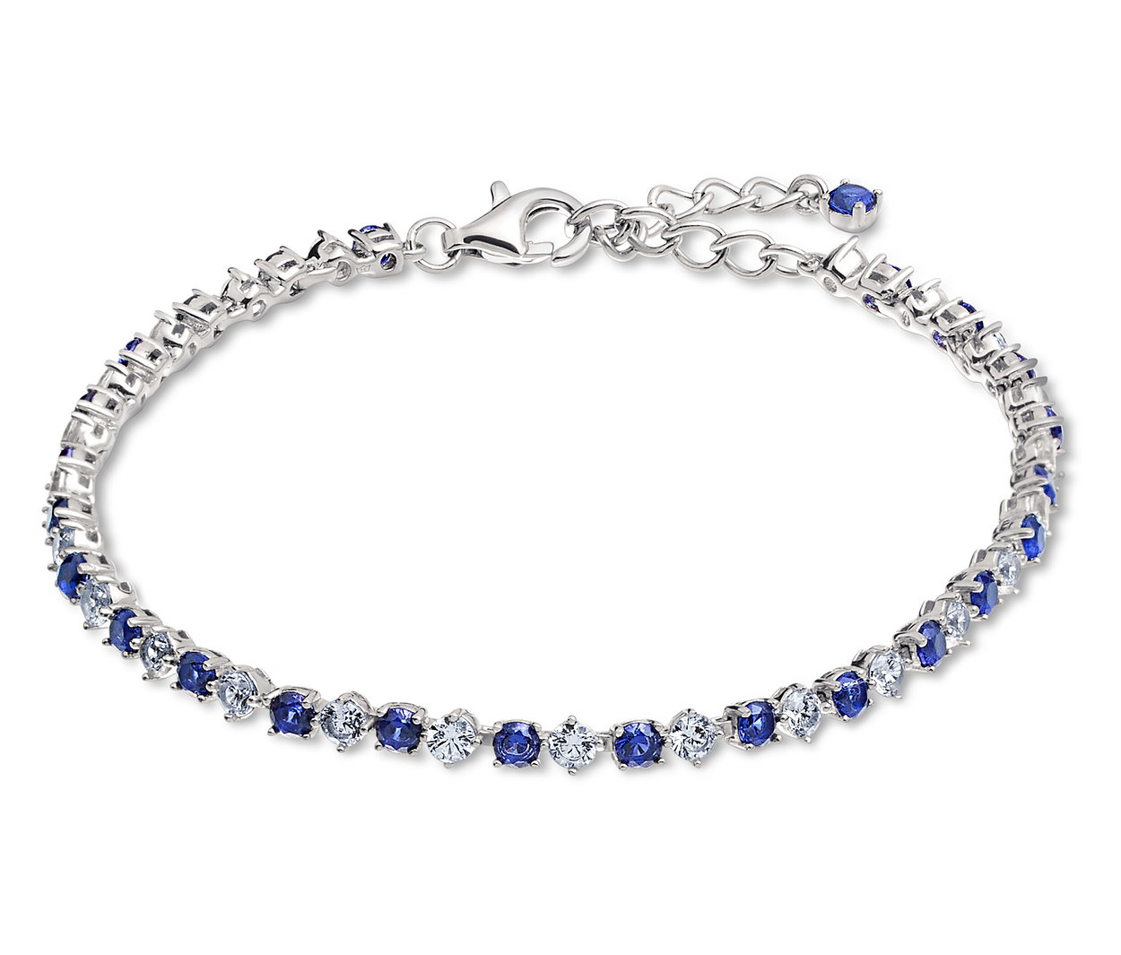 Bracelet argenté avec des pierres bleues et blanches.