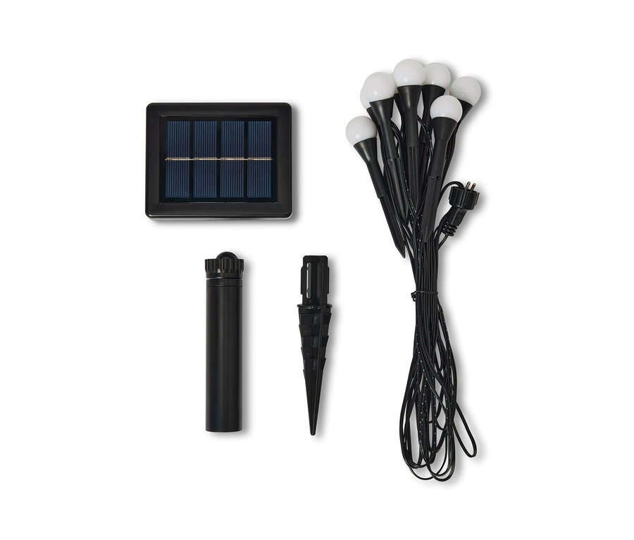 Guirlande lumineuse solaire avec panneau, piquet et câble.