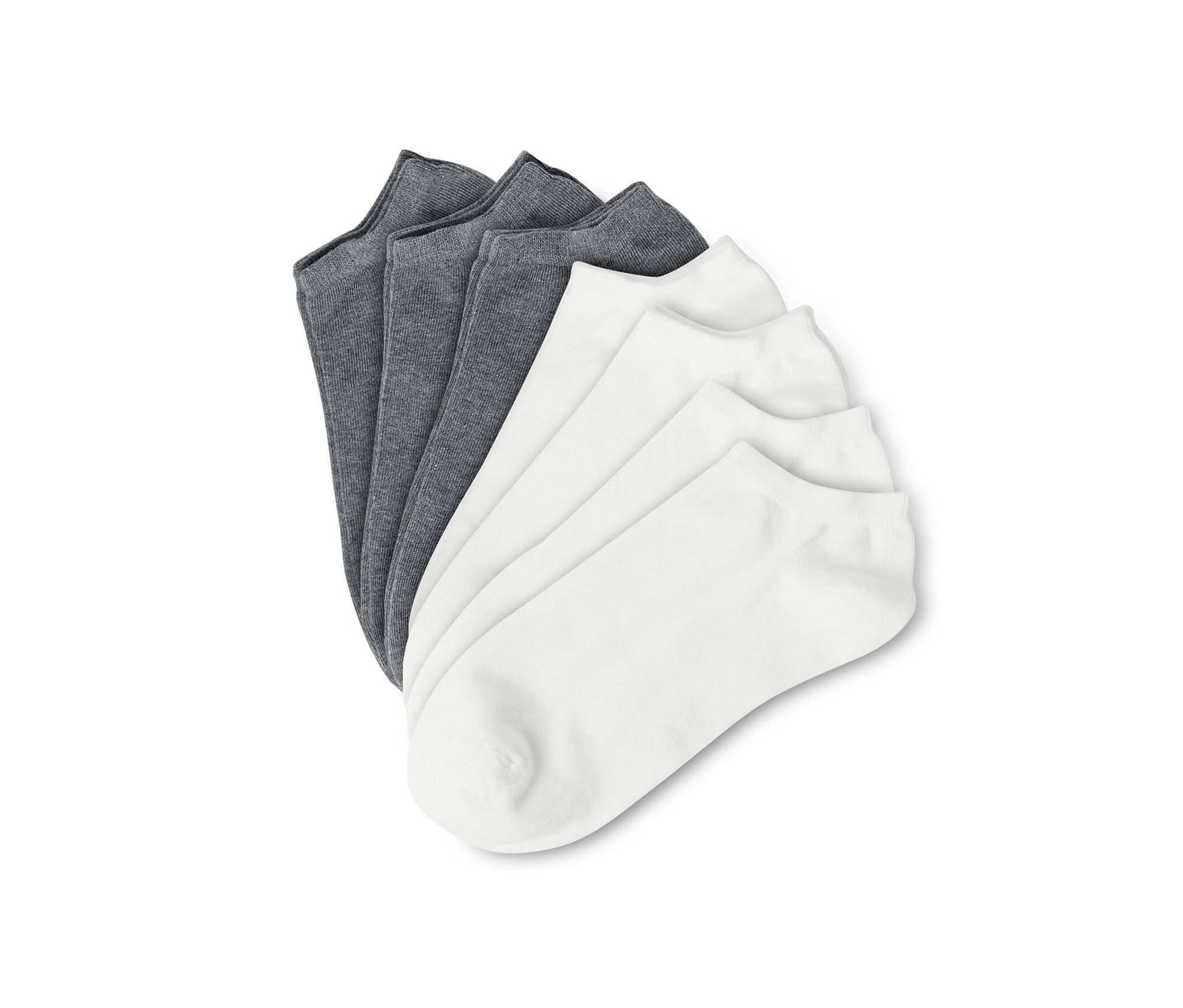 Arrangement en éventail de sept paires de socquettes de sport en blanc et gris.