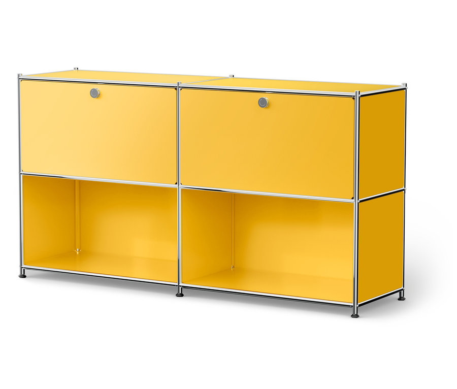 Étagère modulable jaune avec cadre argenté et pieds noirs.