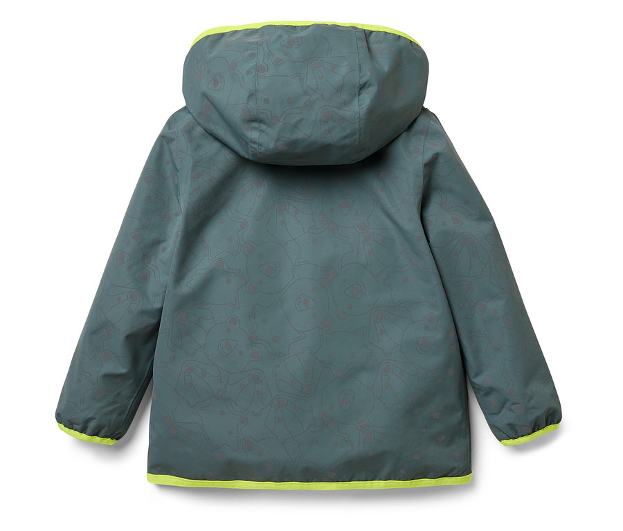 Vue arrière d'une veste à capuche verte avec un motif d'ours et une bordure jaune néon.