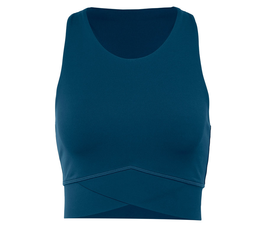 Soutien-gorge de sport bleu avec détails croisés à l'ourlet inférieur.