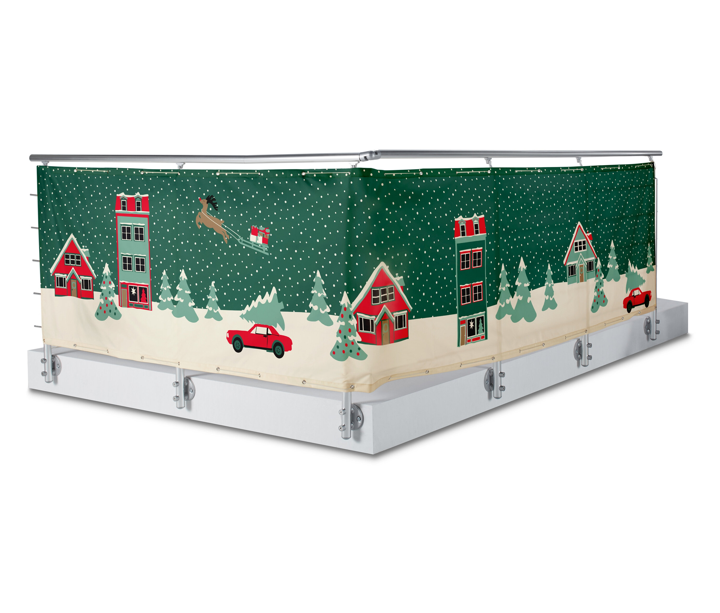 Pare-vue de balcon avec un motif de Noël représentant un paysage enneigé avec des maisons, des arbres, des voitures et un traîneau tiré par un renne.