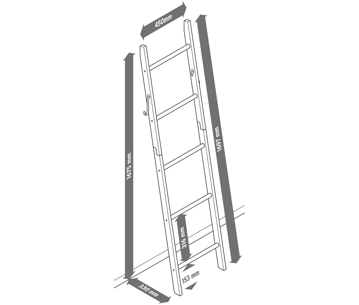 Schéma d'une étagère échelle en chêne avec des mesures.