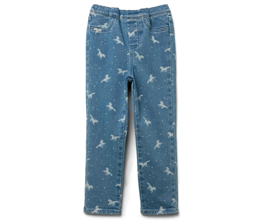 Jean bleu avec imprimé de chevaux blancs.