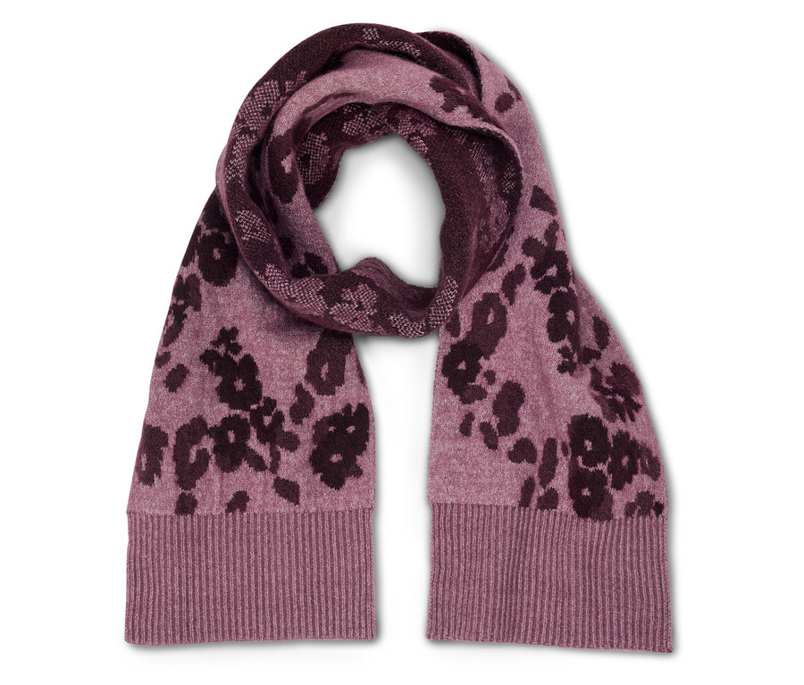 Écharpe violette et bordeaux à motif floral.