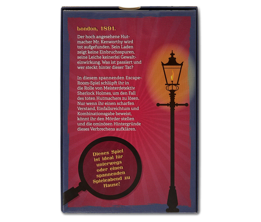 Une boîte de jeu de société avec le texte "London, 1891" et une illustration d'un lampadaire.