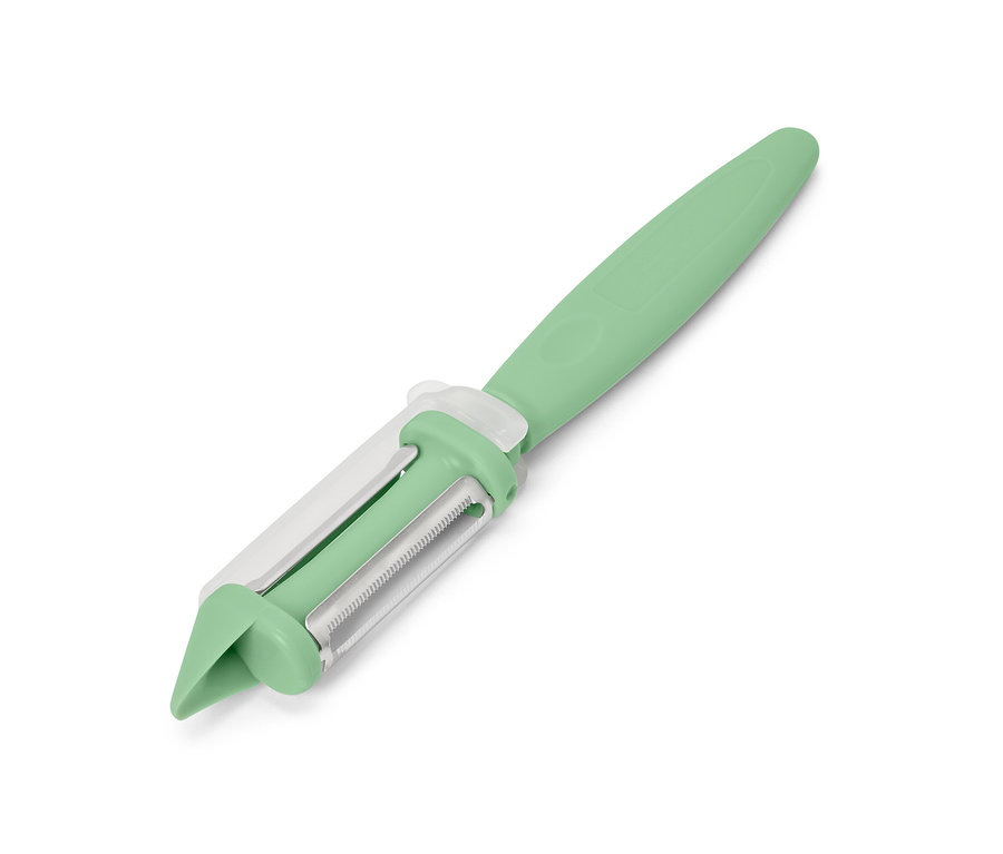 Un éplucheur universel 2 en 1 vert.