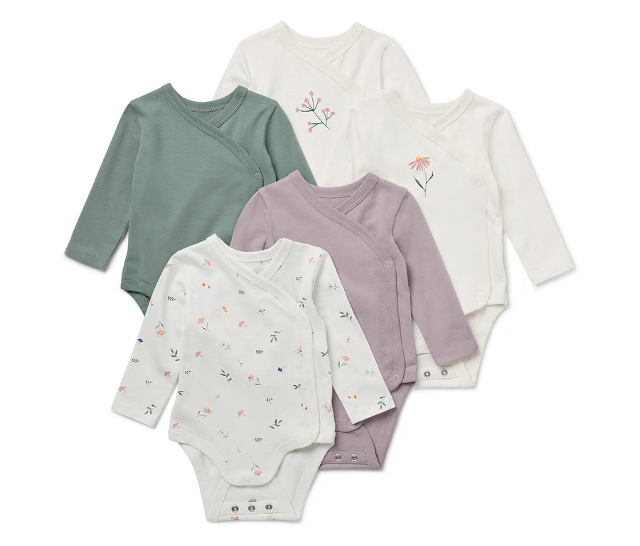 Cinq bodies croisés à manches longues pour bébé en vert, violet et blanc avec des motifs floraux.
