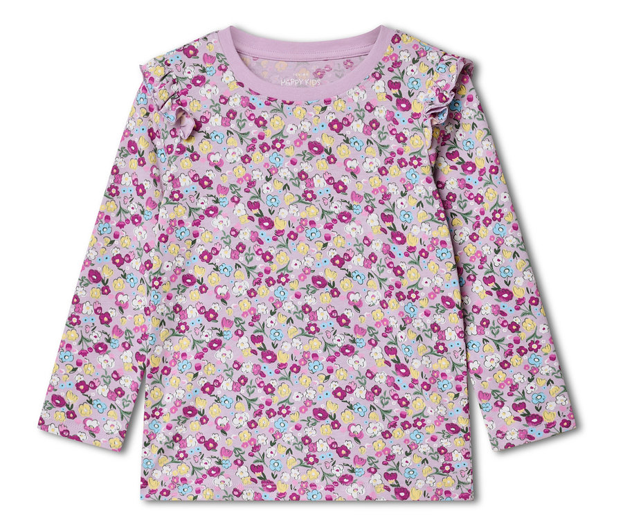 Une chemise à manches longues lilas clair pour enfants avec un motif floral jaune, rose, bleu et vert.