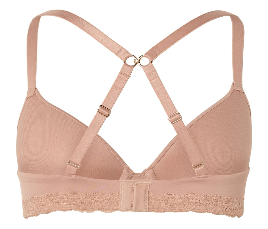 Vue arrière d'un soutien-gorge couleur chair avec bretelles réglables et bordure en dentelle.