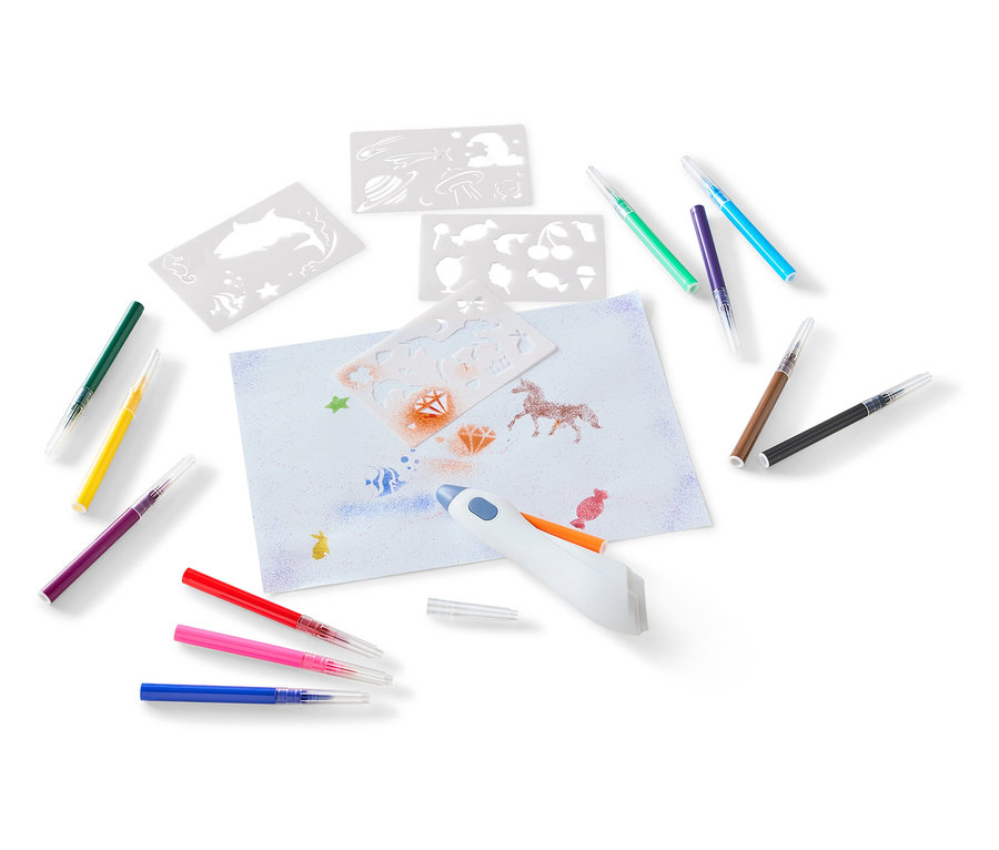 Ensemble de stylos à paillettes avec pochoirs et papier. Différentes couleurs.