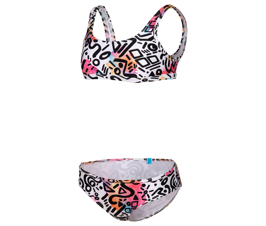 Maillot de bain deux pièces blanc avec motifs géométriques colorés.