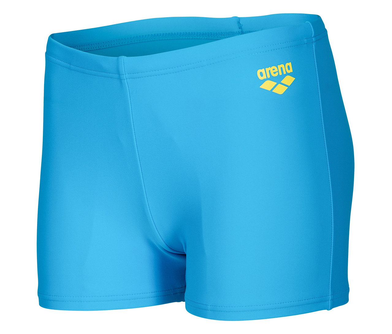 Maillot de bain bleu clair avec logo Arena jaune.
