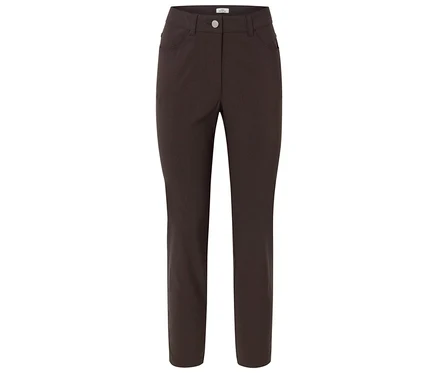 Pantalon marron avec poches et fermeture à bouton sur fond blanc.