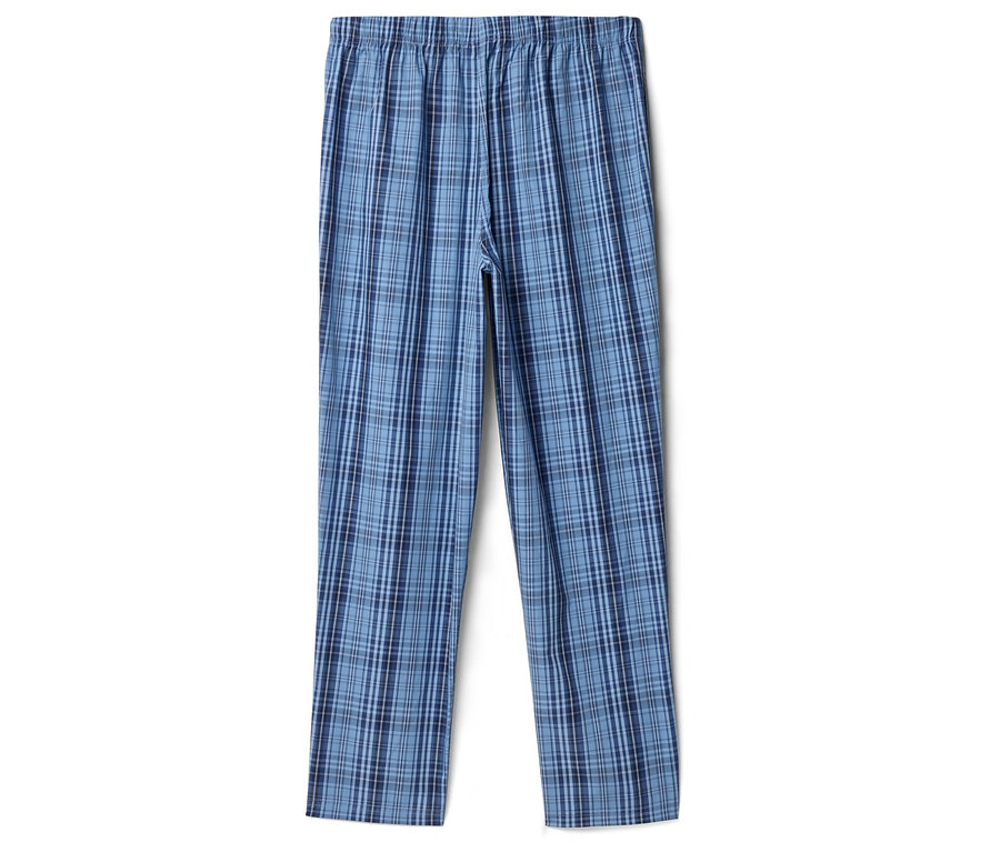 Un pantalon de pyjama bleu à carreaux posé à plat sur un fond blanc.
