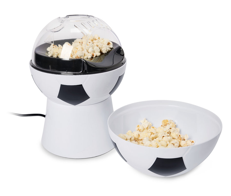Machine à pop-corn en forme de ballon de football avec un bol de pop-corn.