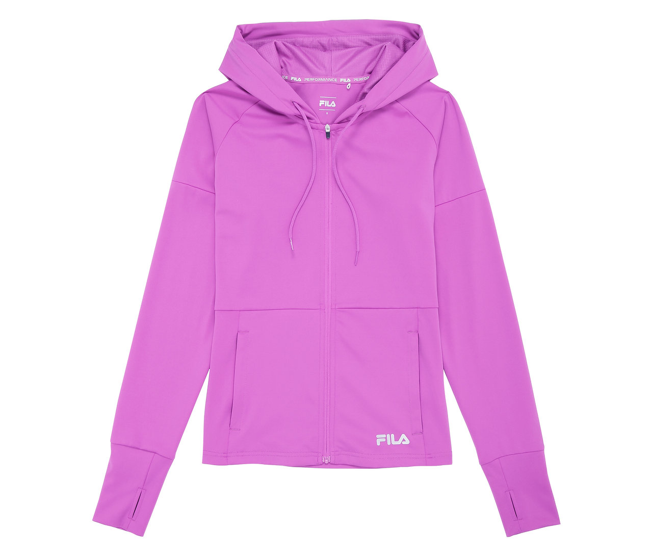 Veste technique violette pour femme FILA avec capuche, fermeture éclair et poches.