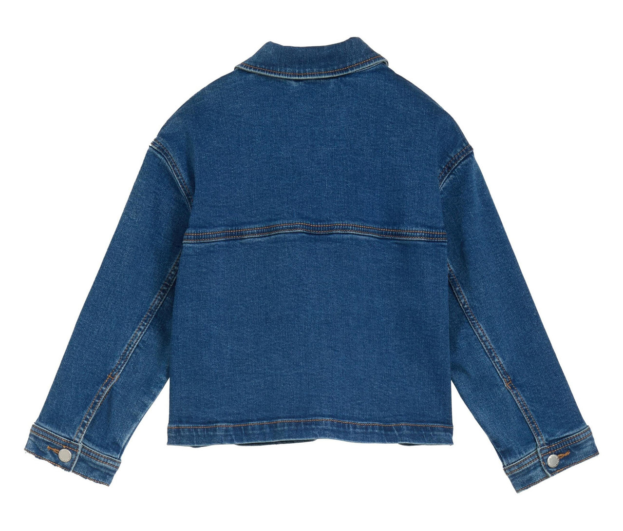 Vue arrière d'une veste en jean bleue avec un col.
