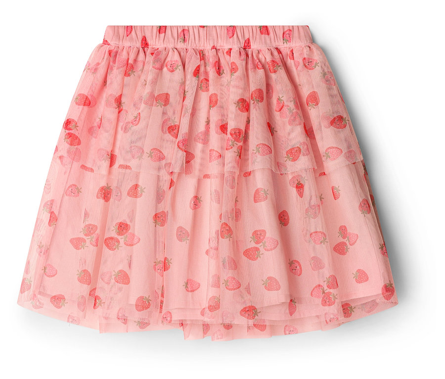 Jupe en tulle rose pour enfant avec motif fraises et taille élastique.