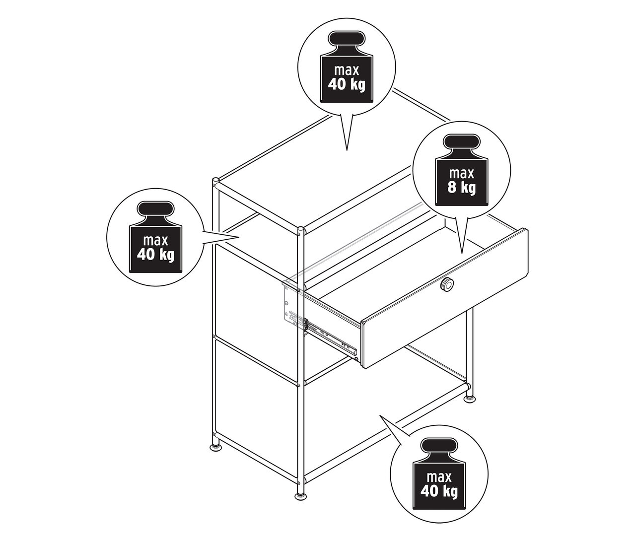 Vue de dessus d'une commode en métal « CN3 » avec 2 tiroirs, dont un est ouvert.