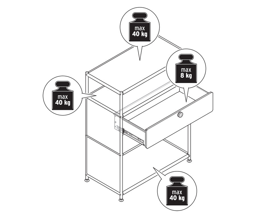 Vue de dessus d'une commode en métal « CN3 » avec 2 tiroirs, dont un est ouvert.