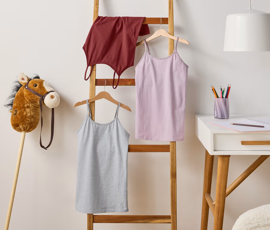 Une échelle en bois est appuyée contre un mur où sont suspendus trois débardeurs. À gauche se trouve un cheval à bâton et à droite un bureau avec des stylos et un carnet.