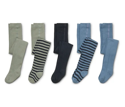 Cinq paires de collants sont posées sur un fond blanc, dont un vert olive, un rayé, un bleu marine et un bleu clair.