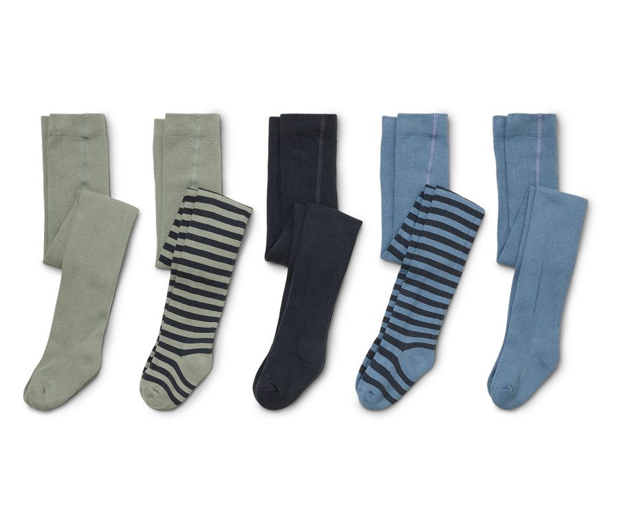 Cinq paires de collants sont posées sur un fond blanc, dont un vert olive, un rayé, un bleu marine et un bleu clair.