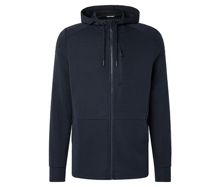 Gros plan d'un sweat à capuche bleu marine zippé.