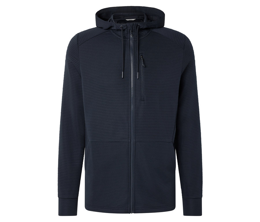 Gros plan d'un sweat à capuche bleu marine zippé.