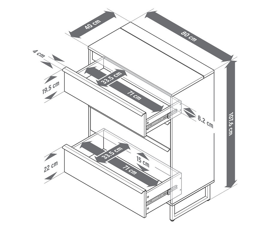Schéma d'une commode « LEEG » avec 4 tiroirs et un miroir, indiquant les dimensions de chaque partie.