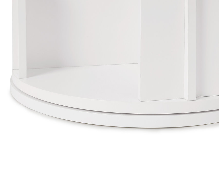 Vue détaillée d'une étagère ronde blanche.