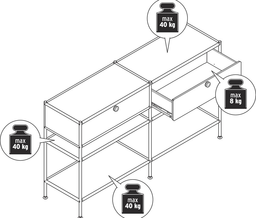 Vue d'une console en métal « CN3 » avec 2 tiroirs. La capacité de charge maximale est de 40 kg sur le dessus et de 8 kg dans le tiroir.