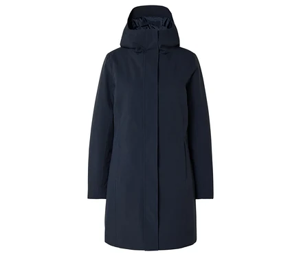Imperméable bleu marine à capuche, vue de face.