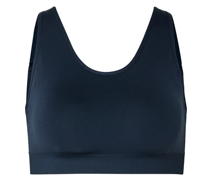 Soutien-gorge de sport bleu marine avec large bande inférieure et dos nageur.