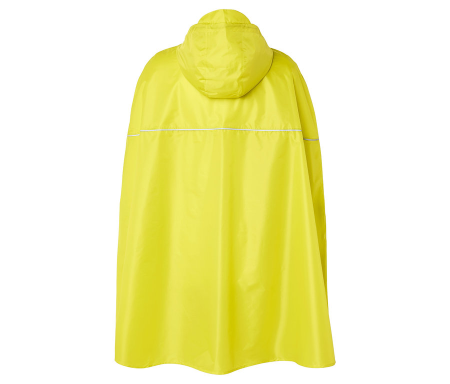 Vue arrière d'un poncho de pluie jaune avec capuche et bande réfléchissante.